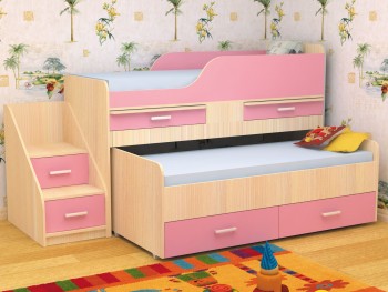 Кровать детская Лесики двухместная 1.8  Дуб молочный/Розовый в Вилюйске - vilyujsk.mebel54.com | фото