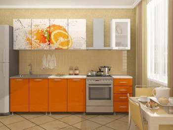 Кухонный гарнитур 1,6м Апельсин (Белый/Оранжевый металлик/Фотопечать апельсин) в Вилюйске - vilyujsk.mebel54.com | фото